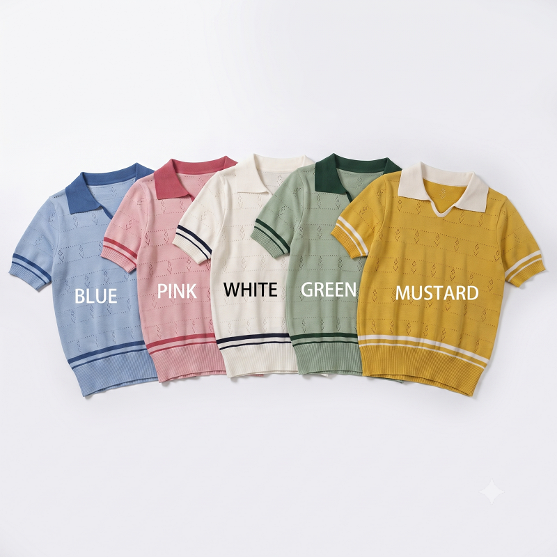 Stella Fashion Sweet Striped Polo Top | Ice Silk Fabric | Slim Fit Pullover | Girly Fashion Blouse