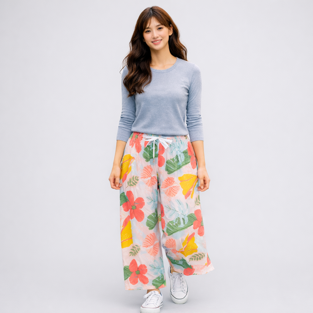 Stella Fashion Women Cotton Silk Wide Leg Long Pants | Lightweight Breathable | Casual Printed Loose Trousers | Free Size