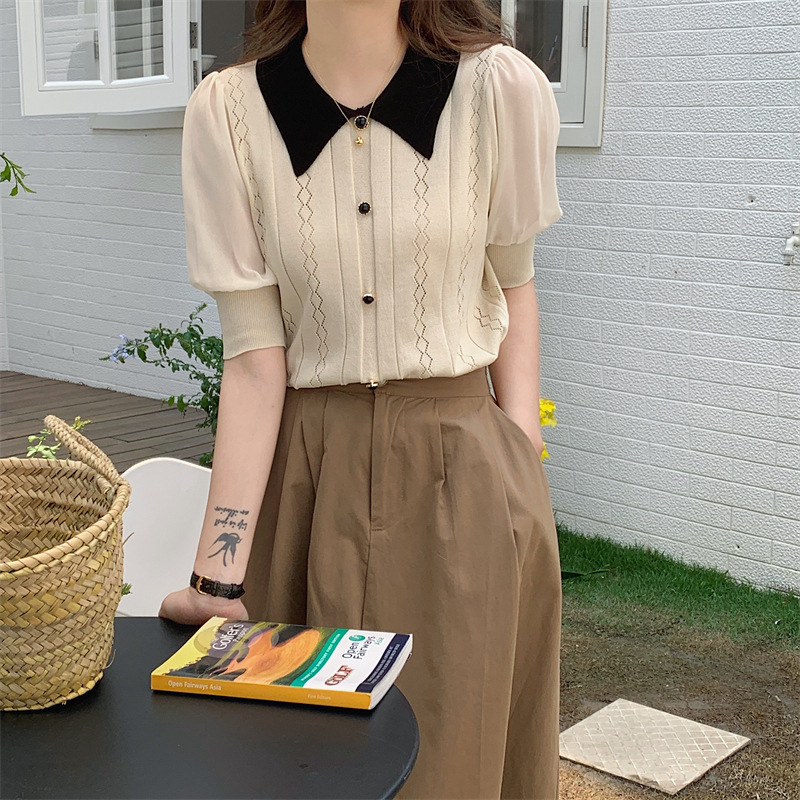 Stella Fashion Vintage Polo Collar Ice Silk Knit Top – Elegant Geometric Pattern, Half Sleeve Pullover