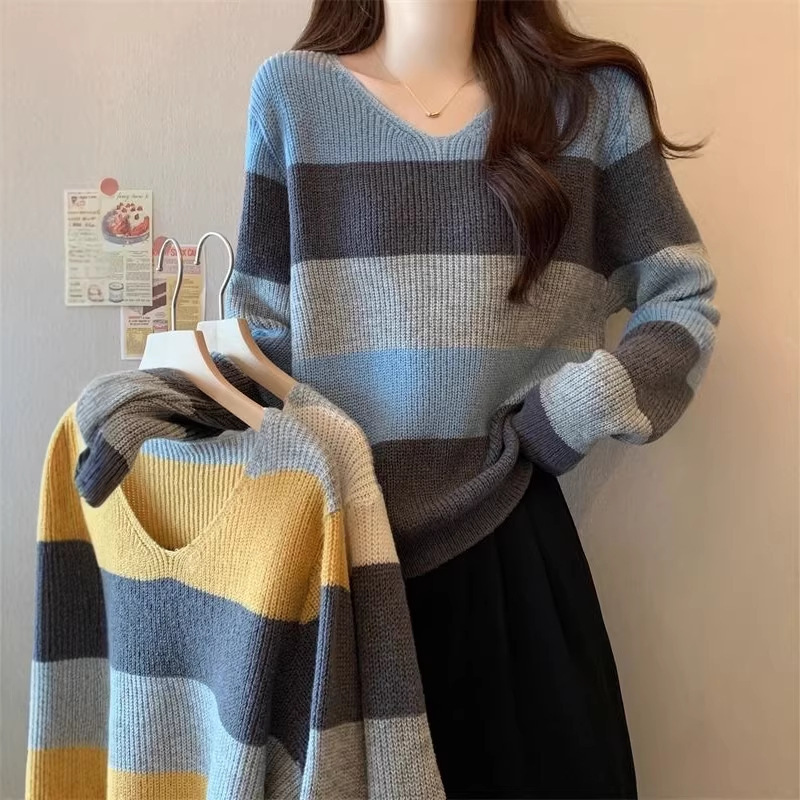 Stella Fashion Korean Style Color Block Chenille Knit Sweater | Soft Loose Fit V-Neck Pullover Top (Free Size)