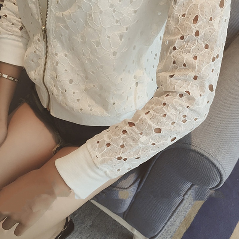 [Stella Fashion] Summer new Korean version of the thin long-sleeved lace sunscreen clothing women's short zipper jacket-Stella's Fashion