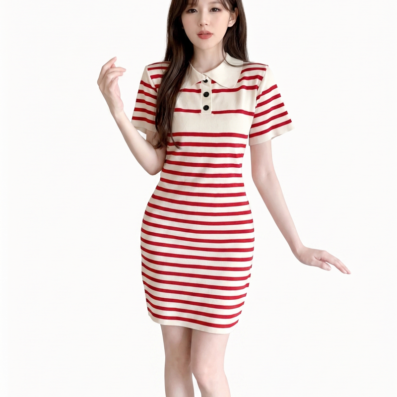 Stella Fashion Women’s Short Sleeve Polo Dress, Striped A-Line Skirt, Casual Korean Fashion