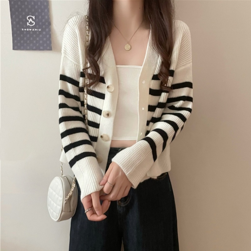 Stella Fashion Women's Striped Knitted Cardigan | Brown & Cream Casual V-Neck Long Sleeve Outerwear-Stella's Fashion