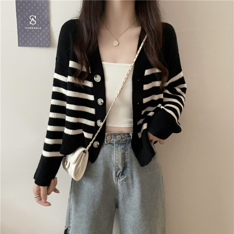 Stella Fashion Women's Striped Knitted Cardigan | Brown & Cream Casual V-Neck Long Sleeve Outerwear-Stella's Fashion