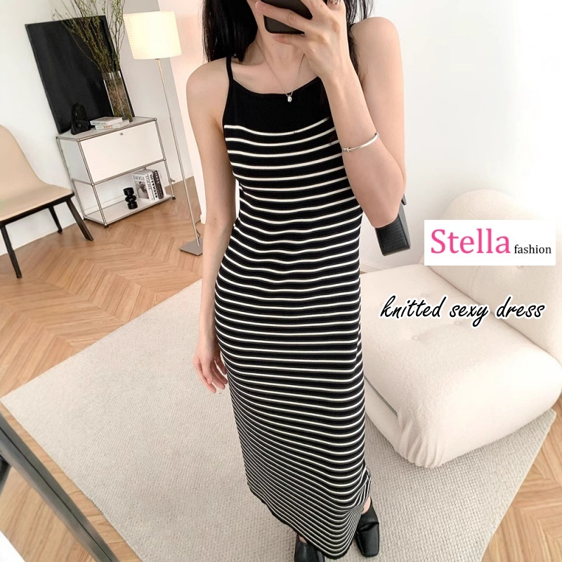  Stella Fashion Korean Style Striped Knitted Maxi Dress Women Sleeveless Slim Fit Bodycon Dress