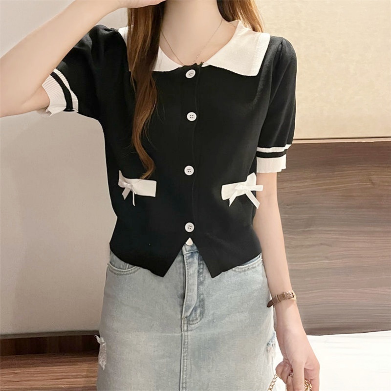 Stella Fashion Women Summer New Style Knit Cardigan Lapel Polo Collar Short Sleeve Sweater