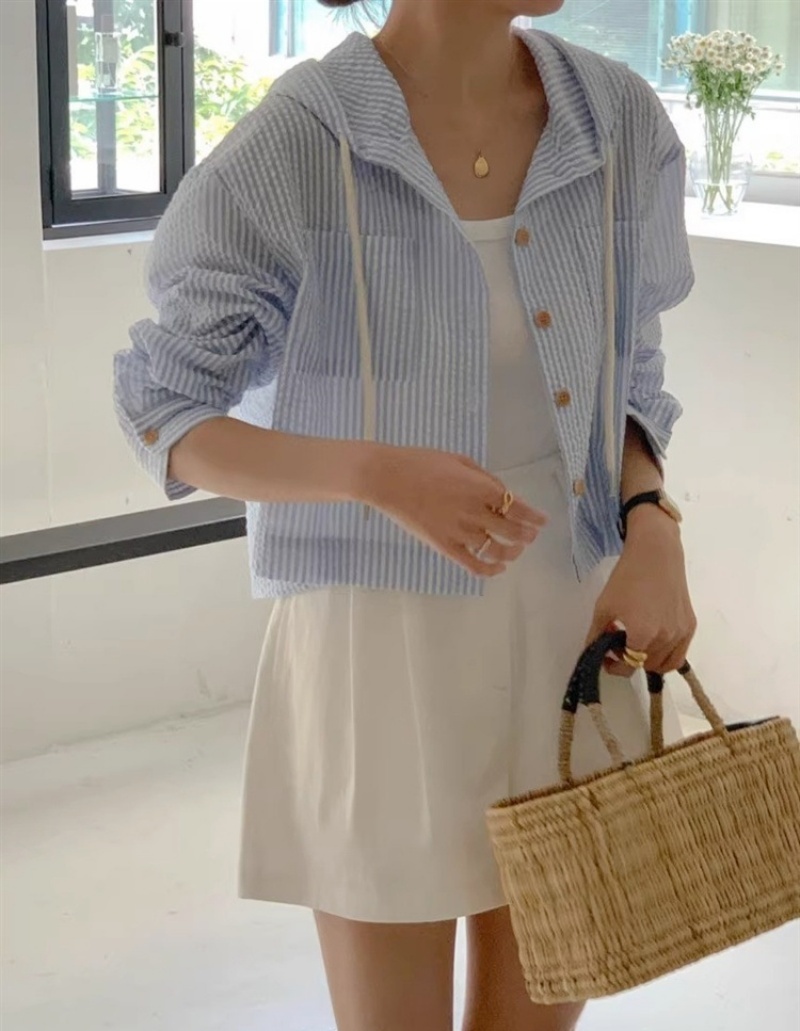 Stella Fashion Korean All-Match Single -Breasted Striped Contrast Color Short Loose Long -Sleeved Sunscreen Hooded Shirt-Stella's Fashion