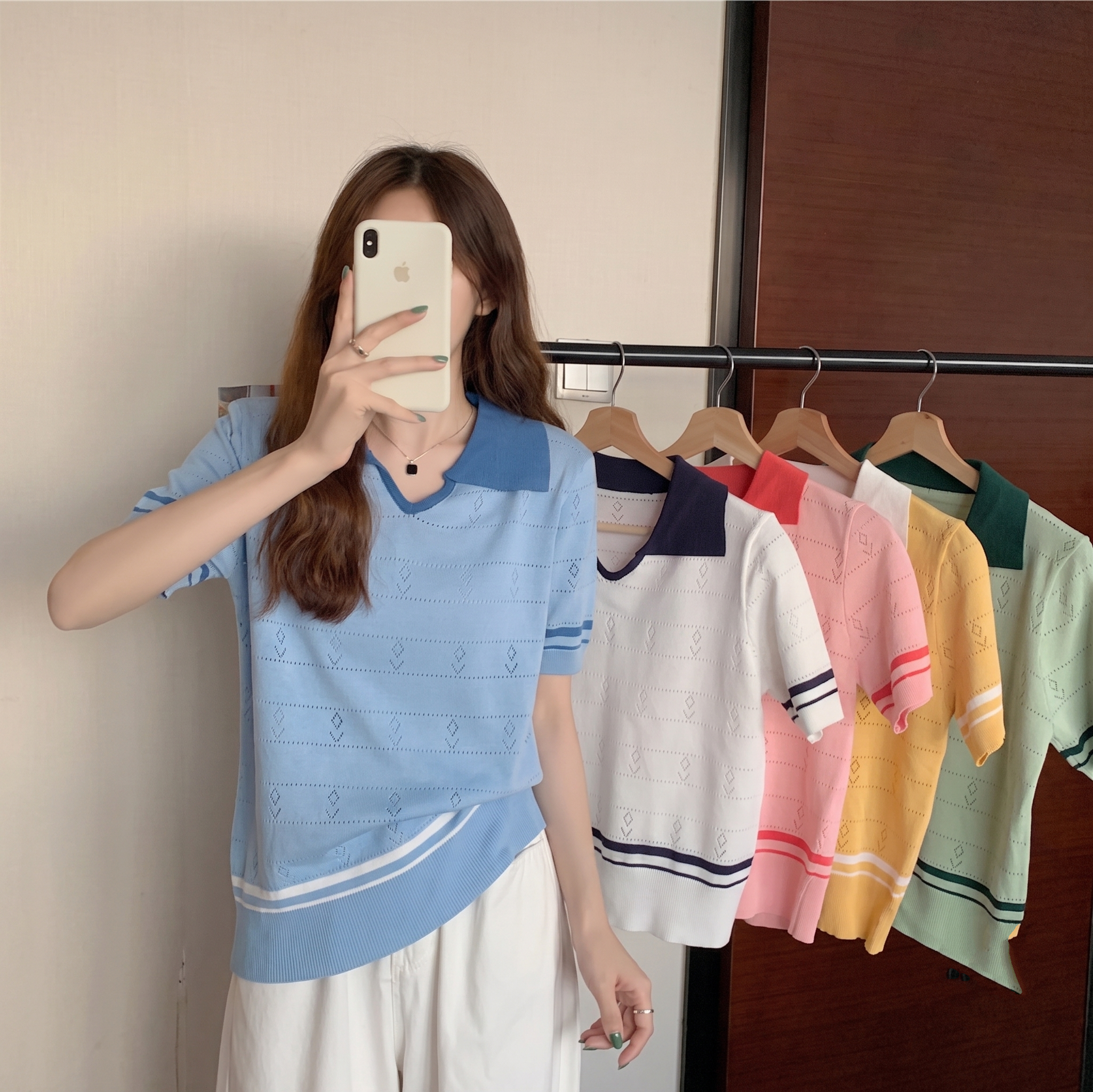 Stella Fashion Sweet Striped Polo Top | Ice Silk Fabric | Slim Fit Pullover | Girly Fashion Blouse