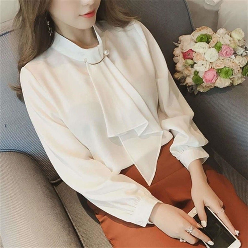 Stella Fashion Women's Long Sleeve Shirt Korean Style Solid Color Lantern Sleeve Chiffon Blouse