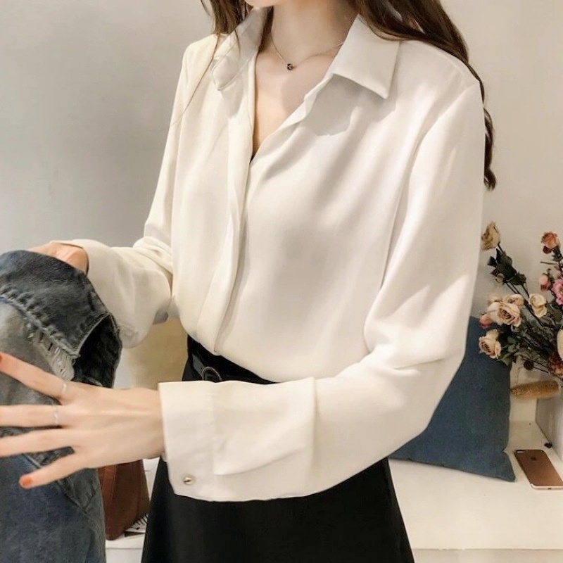Stella Fashion Formal Shirt Korean Long Sleeve Women's Blouse Muslimah Chiffon Simple Pain Female Casual Top