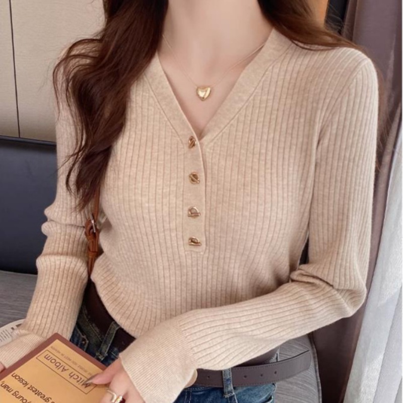 Women's Korean Style V Neck Knitted Top Loose Long Sleeve Inner Basic