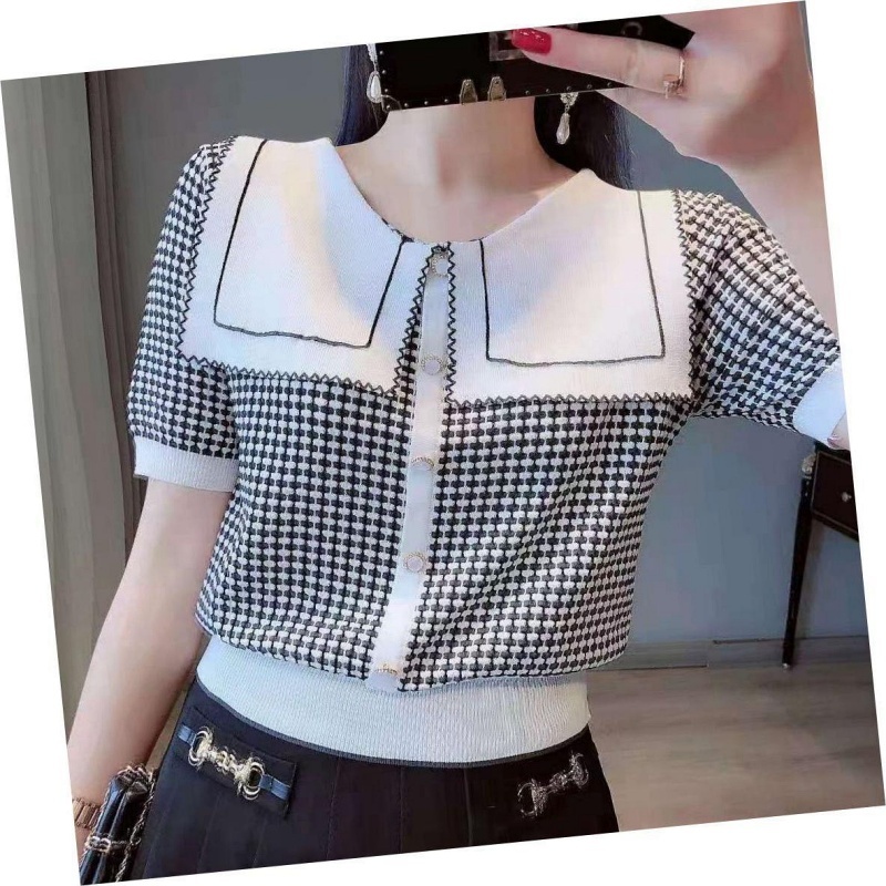 Stella Fashion Women’s Elegant Houndstooth Knitted Cardigan with Sailor Collar, Princess Sleeves, Pearl Buttons, Black & White Spring Fashion Top