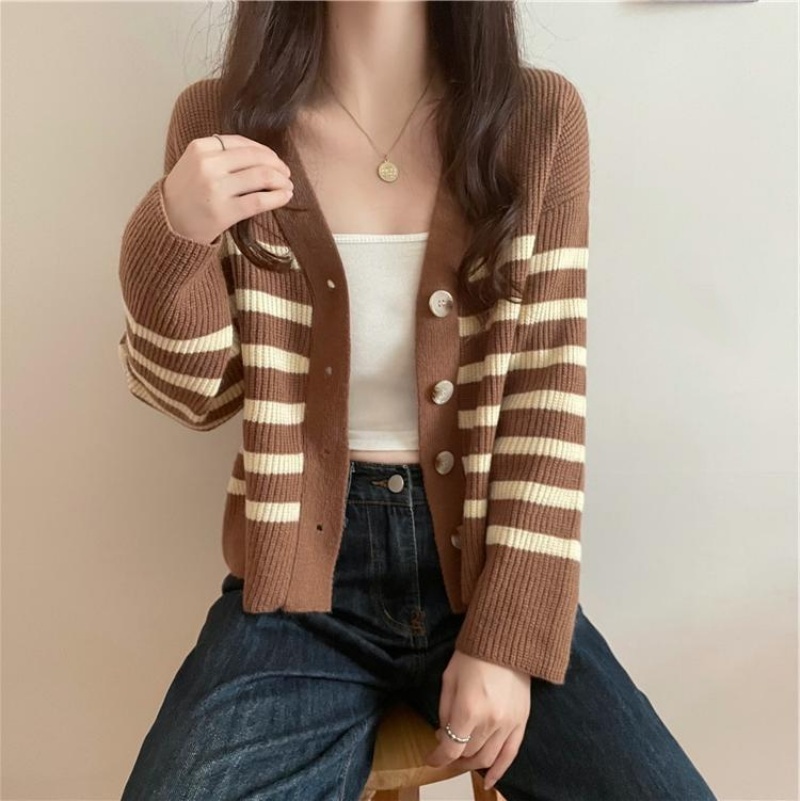 Stella Fashion Women's Striped Knitted Cardigan | Brown & Cream Casual V-Neck Long Sleeve Outerwear-Stella's Fashion