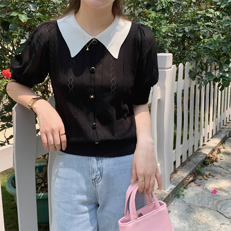Stella Fashion Vintage Polo Collar Ice Silk Knit Top – Elegant Geometric Pattern, Half Sleeve Pullover