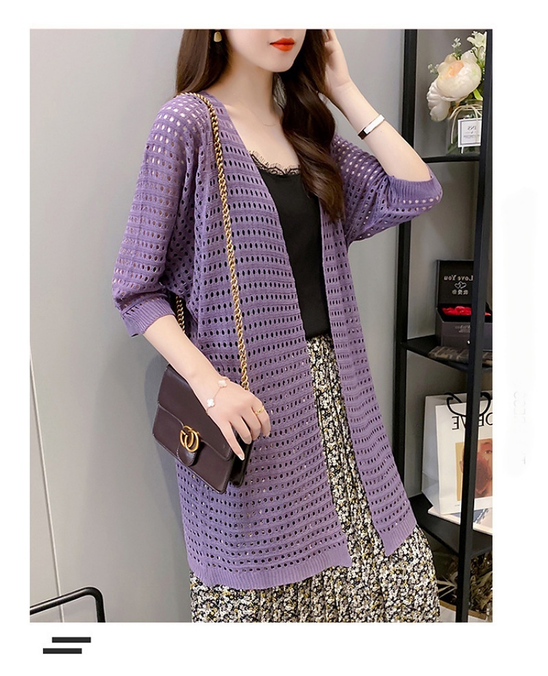 Stella Fashion Ice Silk Women's Knitted Coat Fashion Korean version women Thin loose Cardigan Mid-Length Sweater with Hallow Design-Stella's Fashion