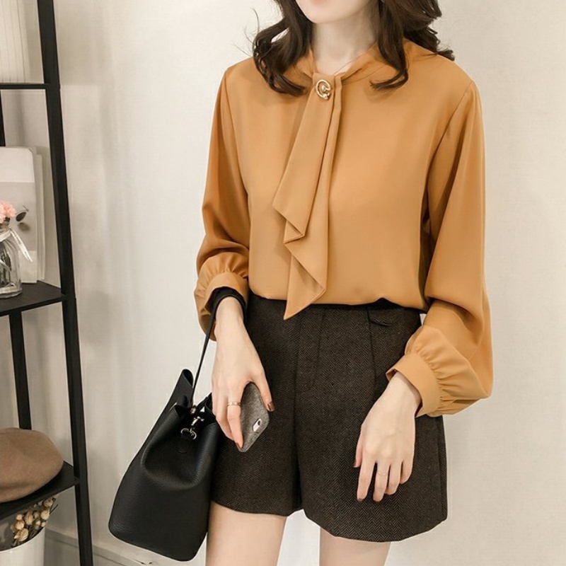 Stella Fashion Korean Version Women's Chiffon Blouse Solid Color Shirt Loose Long Sleeve Office Wear-Stella's Fashion