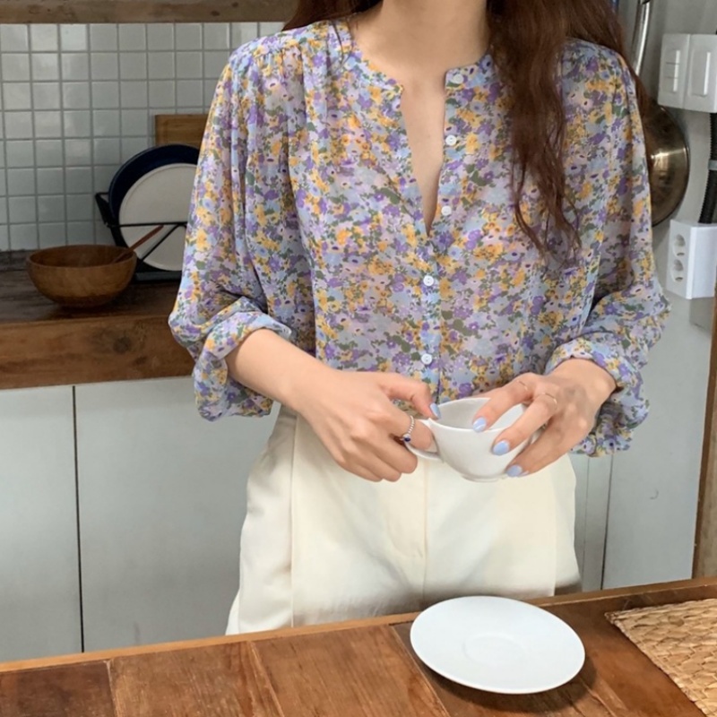 Stella Fashion Floral Chiffon Shirt Women's Long-Sleeved Printed Casual Comfortable Blouse