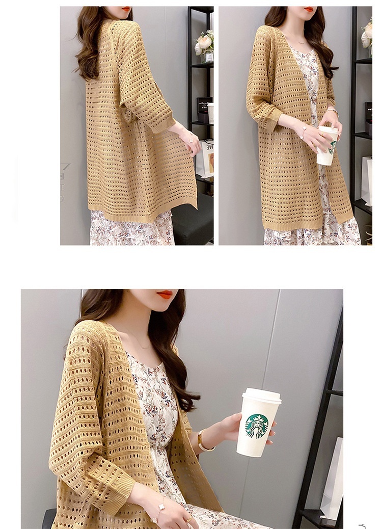 Stella Fashion Ice Silk Women's Knitted Coat Fashion Korean version women Thin loose Cardigan Mid-Length Sweater with Hallow Design-Stella's Fashion