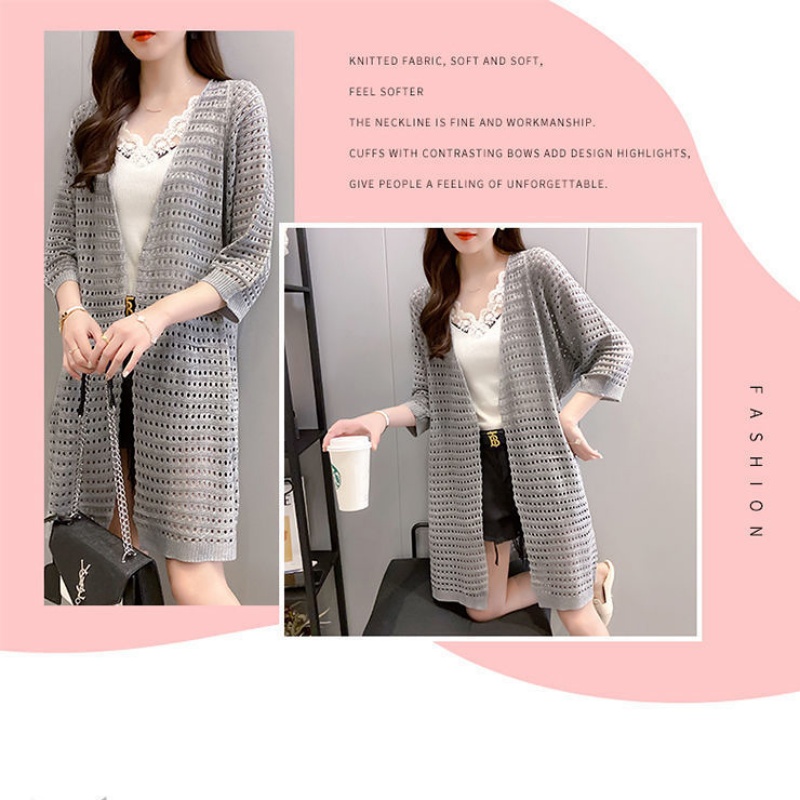 Stella Fashion Ice Silk Women's Knitted Coat Fashion Korean version women Thin loose Cardigan Mid-Length Sweater with Hallow Design-Stella's Fashion