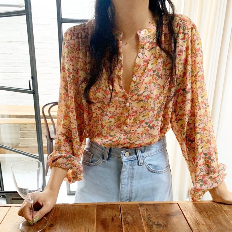 Stella Fashion Floral Chiffon Shirt Women's Long-Sleeved Printed Casual Comfortable Blouse