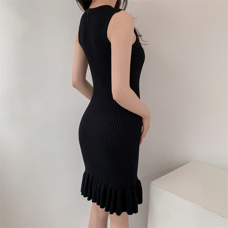 Stella Fashion Lotus leaf Solid Color Knitted Summer Dress New Style Slim-Fit Sleeveless Knitted Hip Dress