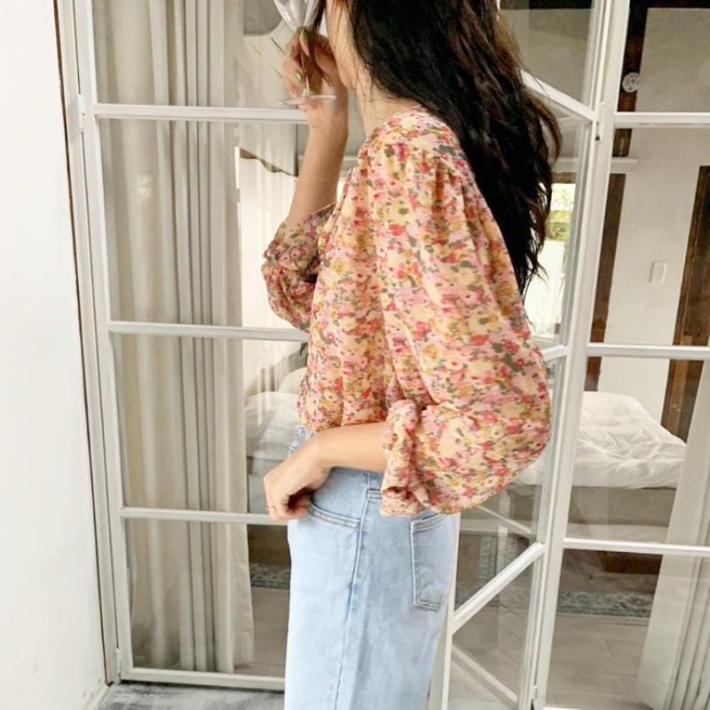 Stella Fashion Floral Chiffon Shirt Women's Long-Sleeved Printed Casual Comfortable Blouse