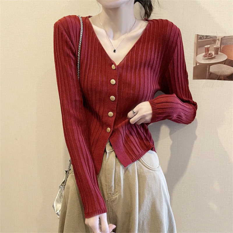 Korean Version V-neck long-sleeved knitted cardigan women's autumn thin collar long-sleeved sweater