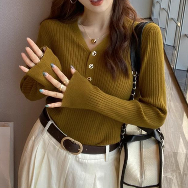 Women's Korean Style V Neck Knitted Top Loose Long Sleeve Inner Basic shirt Bottoming Shirt