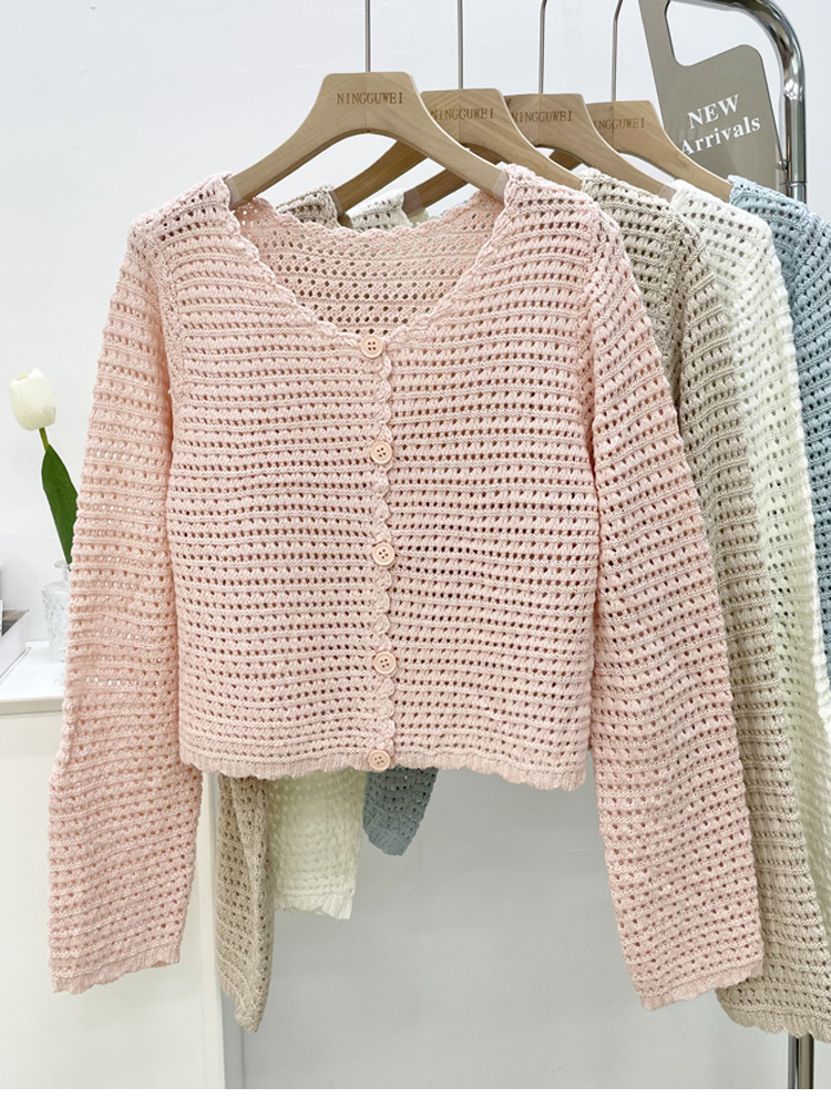 [Stella Fashion]  Summer New Hollow Knitted Cardigan Women's Long-Sleeved Outer Sunscreen Mesh Small Blouse Jacket Short Top .-Stella's Fashion
