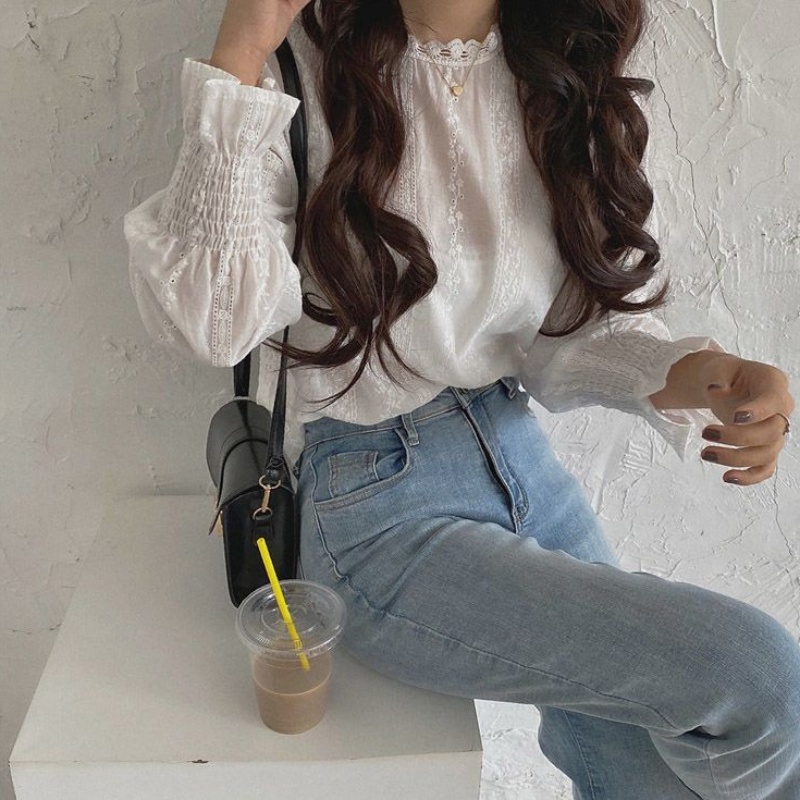 Stella Fashion Korean Style Women Ladies Loose Lace Cotton Round Neck Puff Long Sleeve Shirt Blouse