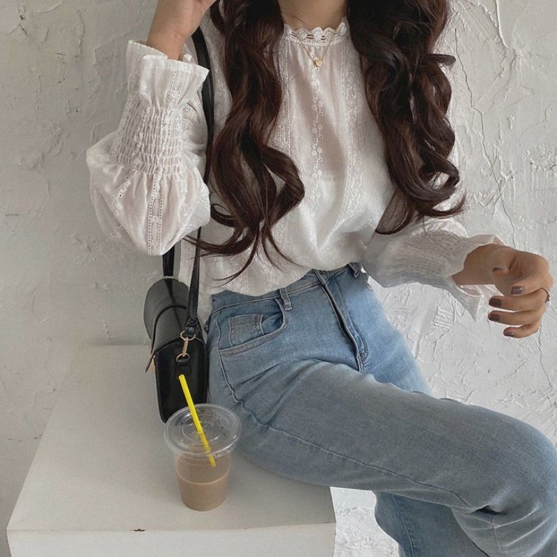 Stella Fashion Korean Style Women Ladies Loose Lace Cotton Round Neck Puff Long Sleeve Shirt Blouse-Stella's Fashion