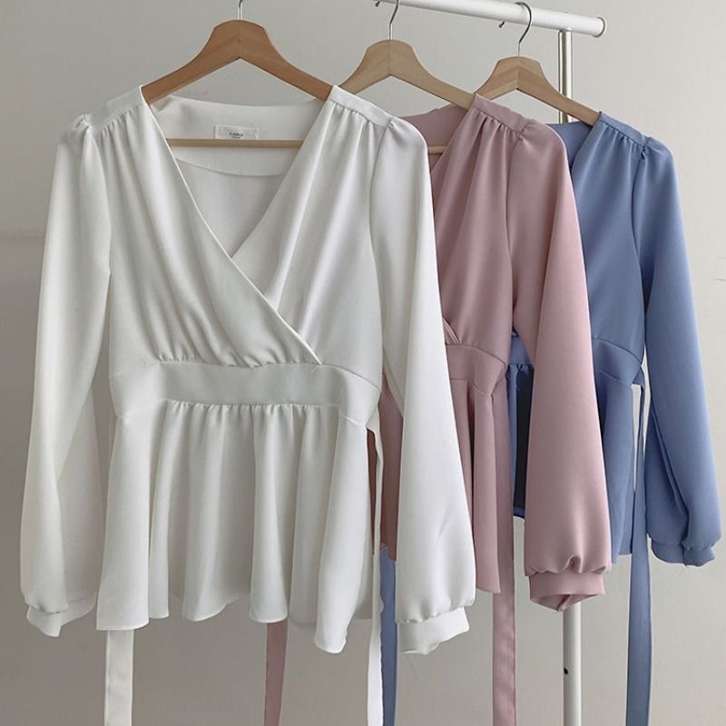 Stella Fashion Women Elegant V-Neck Peplum Blouse – Lantern Sleeve Wrap Top Tie Waist Flowy Shirt Office Casual Date Wear