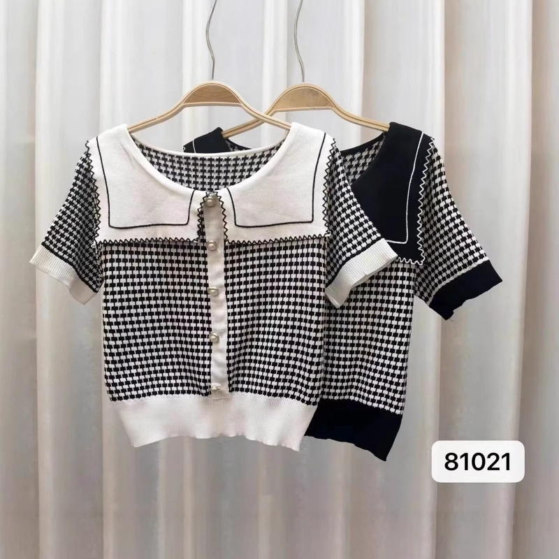 Stella Fashion Women’s Elegant Houndstooth Knitted Cardigan with Sailor Collar, Princess Sleeves, Pearl Buttons, Black & White Spring Fashion Top