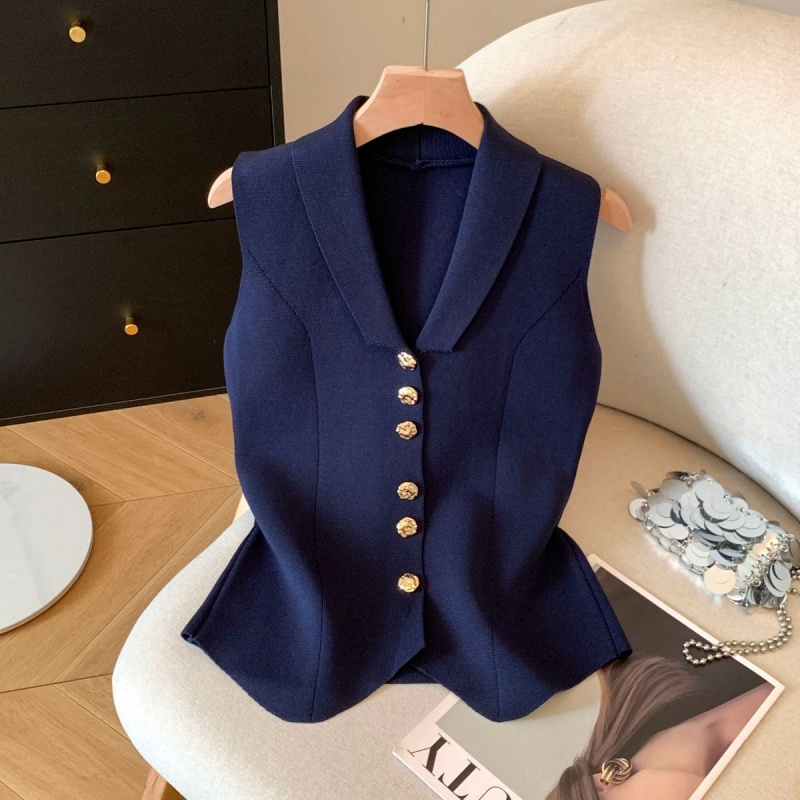 Stella Fashion Women’s Knitted Sleeveless Polo Cardigan – Elegant Slim Fit Top
