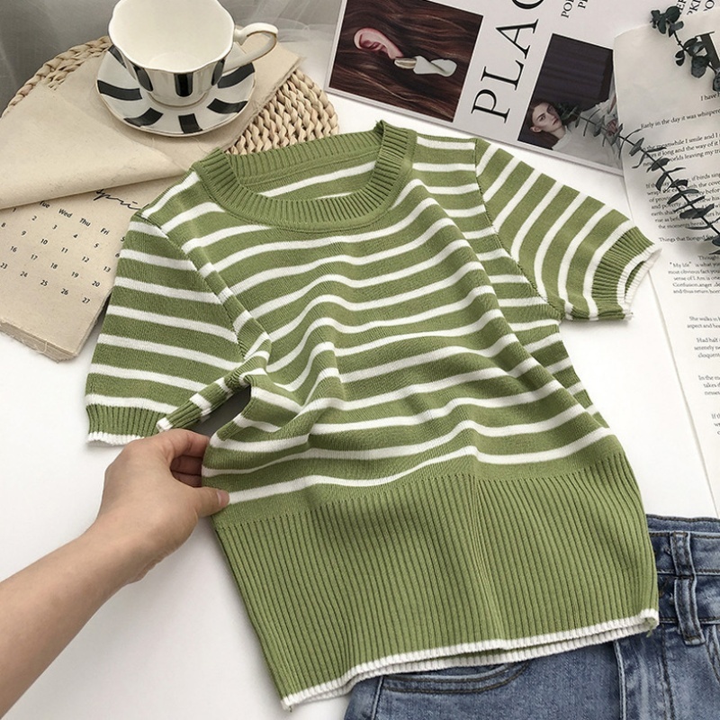 Stella Fashion Korean Style Striped Knit Top Women Short Sleeve Slim Fit Round Neck T-Shirt Pullover