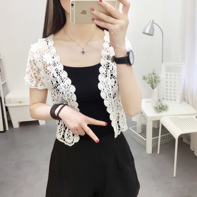 Stella Fashion Women Floral Lace Cardigan Crochet Hollow Out Short Sleeve Summer Cover Up Shrug Top