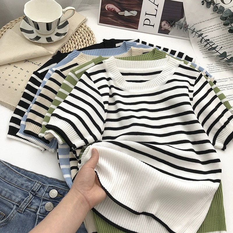 Stella Fashion Korean Style Striped Knit Top Women Short Sleeve Slim Fit Round Neck T-Shirt Pullover