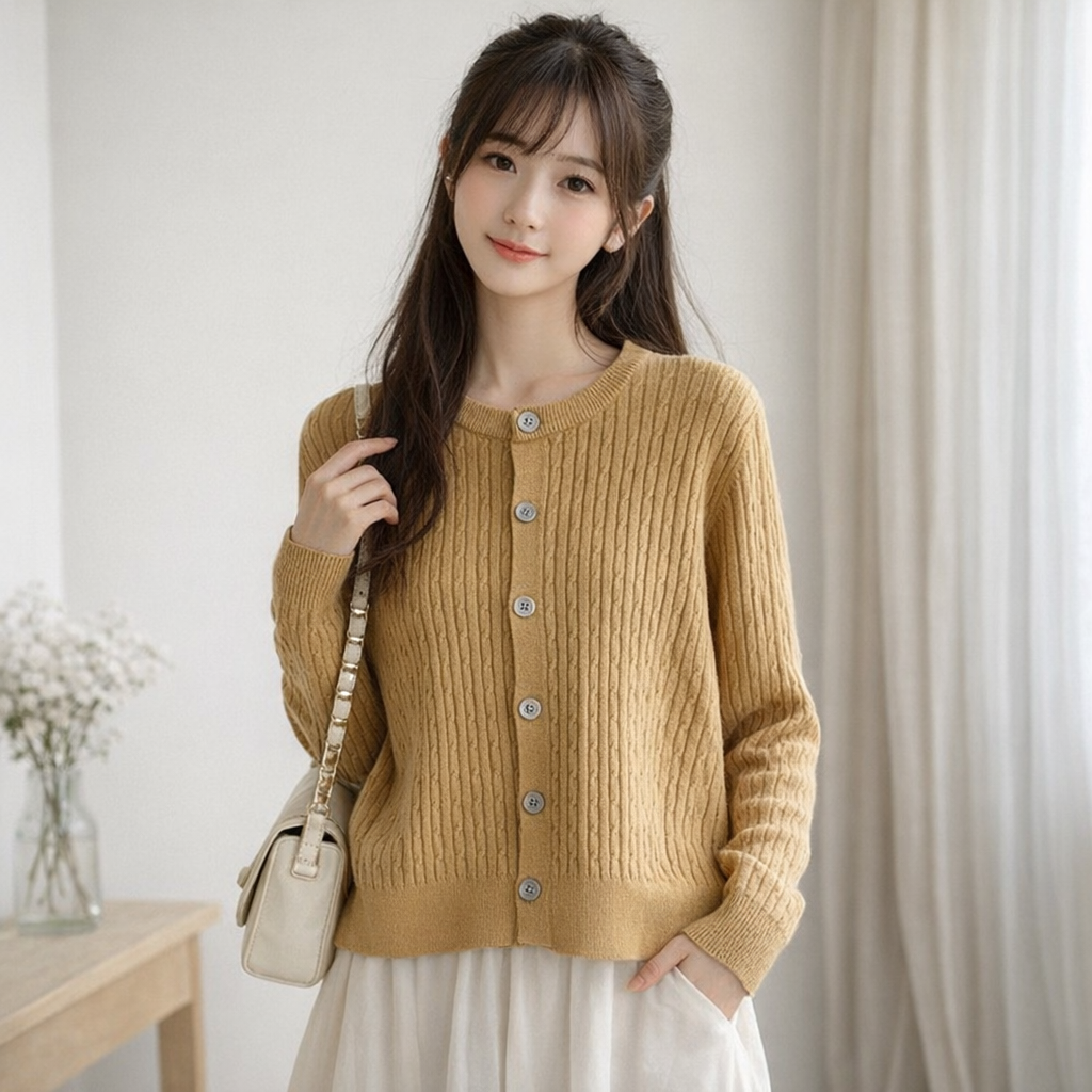 Stella Fashion Elegant Women’s Cardigan l Round Neck l Slim Fit l Long Sleeve l Button Front l Wavy Knit l Office Casual Wear