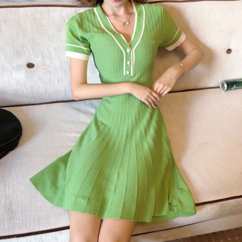 Stella Fashion Elegant V‑Neck A‑Line Dress – Ice Silk Blend, Sweet Princess Style, Summer Casual Wear