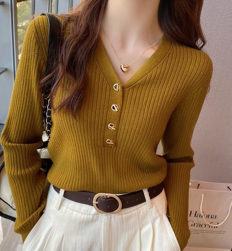Women's Korean Style V Neck Knitted Top Loose Long Sleeve Inner Basic