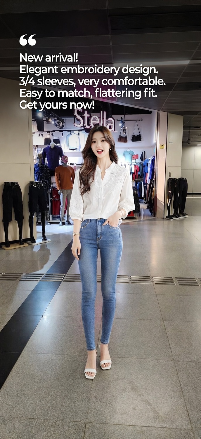 Stella Fashion Korean Style Embroidered White Blouse | Loose Fit | Chic V-Neck Top | Soft Girl Aesthetic 