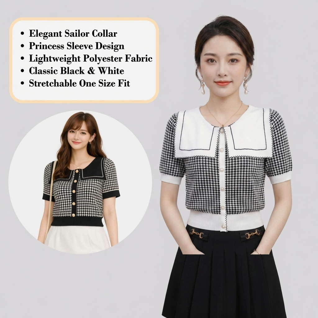 Stella Fashion Women’s Elegant Houndstooth Knitted Cardigan with Sailor Collar, Princess Sleeves, Pearl Buttons, Black & White Spring Fashion Top