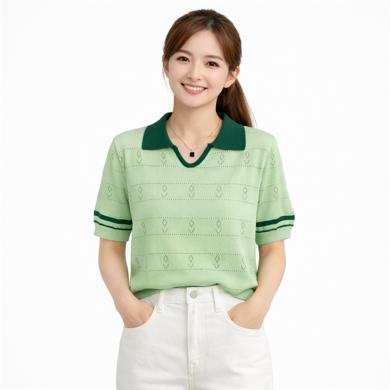 Stella Fashion Sweet Striped Polo Top | Ice Silk Fabric | Slim Fit Pullover | Girly Fashion Blouse
