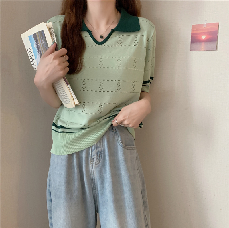 Stella Fashion Sweet Striped Polo Top | Ice Silk Fabric | Slim Fit Pullover | Girly Fashion Blouse