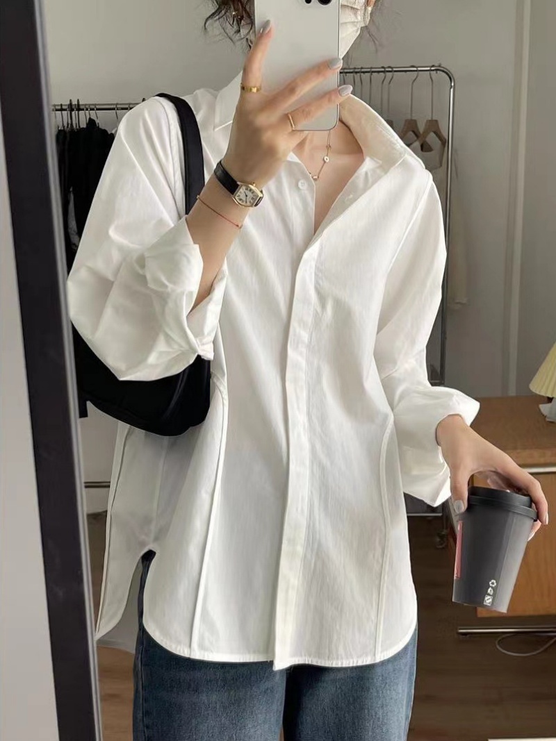Korean Women's White Long-Sleeved Blouse Lapel Casual Loose Women's Top Unisex