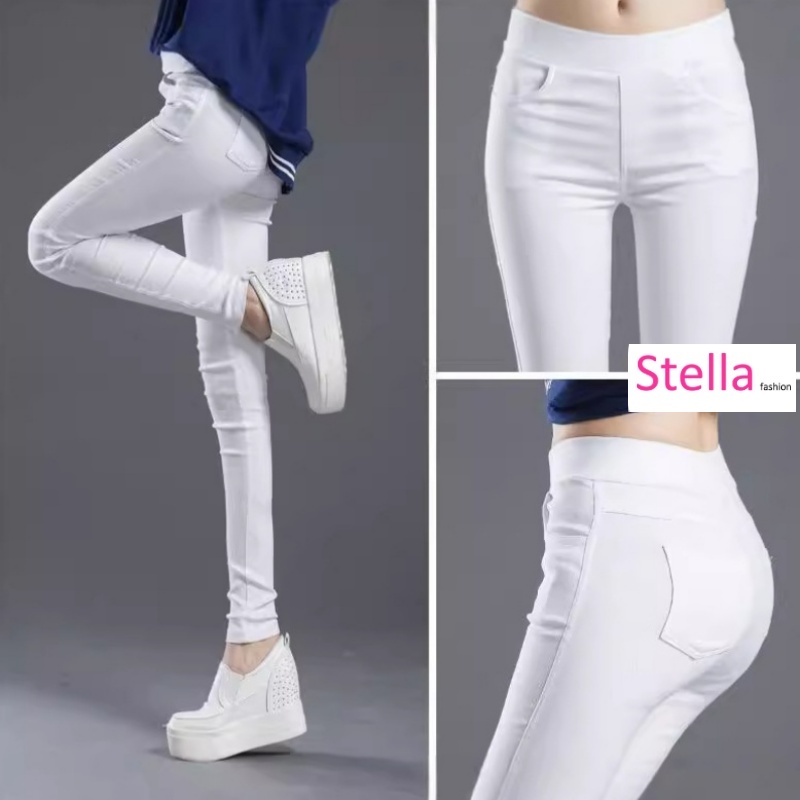 Women Elastic Waist Stretchable Slim Fit Cropped Skinny Long Pants Front and Rear Pockets Pencil Pants-Stella's Fashion