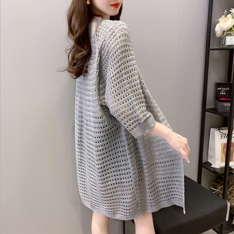 Stella Fashion Ice Silk Women's Knitted Coat Fashion Korean version women Thin loose Cardigan Mid-Length Sweater with Hallow Design-Stella's Fashion