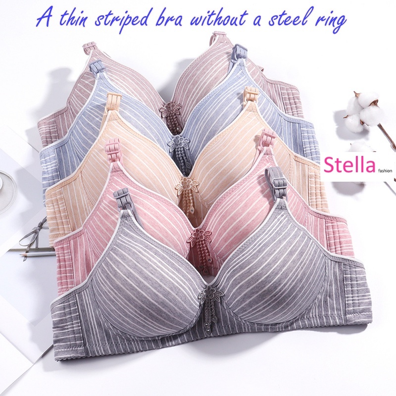 Stella Fashion Middle-aged and elderly skin-friendly cotton striped printed bra without steel ring thin cotton small chest gathered breathable cotton mother underwear bra
