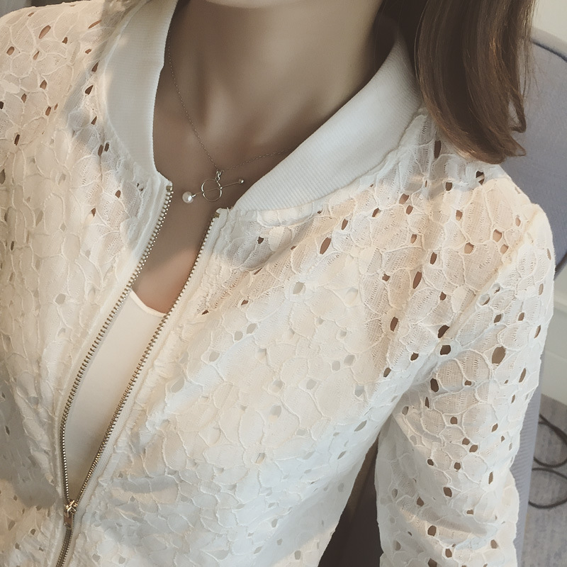 [Stella Fashion] Summer new Korean version of the thin long-sleeved lace sunscreen clothing women's short zipper jacket-Stella's Fashion