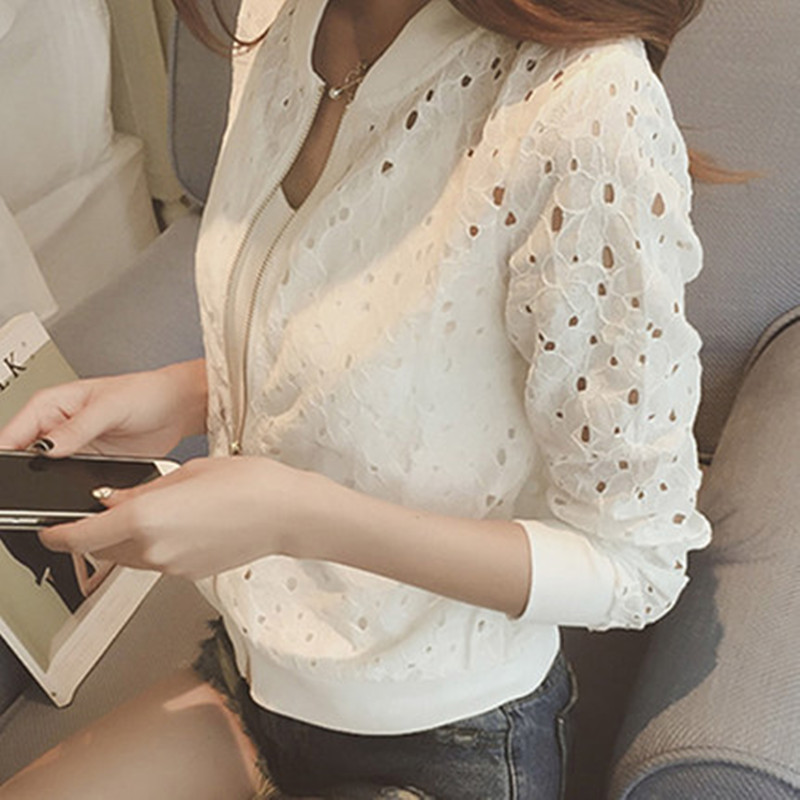[Stella Fashion] Summer new Korean version of the thin long-sleeved lace sunscreen clothing women's short zipper jacket-Stella's Fashion